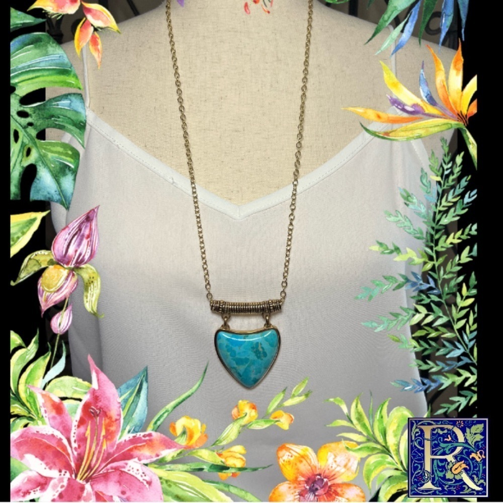 VINTAGE STUDIO BARSE TURQUOISE SLIDE SCROLL GOLD TONE PENDANT NECKLACE​